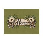 Welcome Home Floral Rug — Green Sunflower Doormat with Buffalo Check Bows