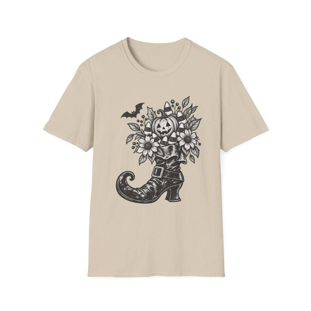 Halloween Boot Bouquet T‑Shirt — Pumpkin, Candy Corn & Bat Graphic