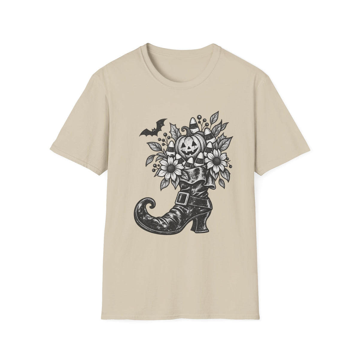 Halloween Boot Bouquet T‑Shirt — Pumpkin, Candy Corn & Bat Graphic