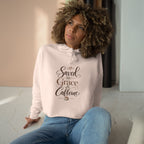 Saved by Grace & Caffeine Crop Hoodie — Christian Coffee Lover Graphic
