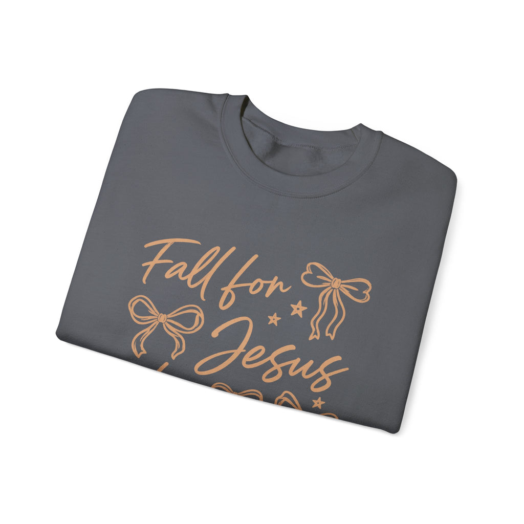 Christian Crewneck Sweatshirt – “Fall for Jesus, He Never Leaves” Autumn Faith Pullover