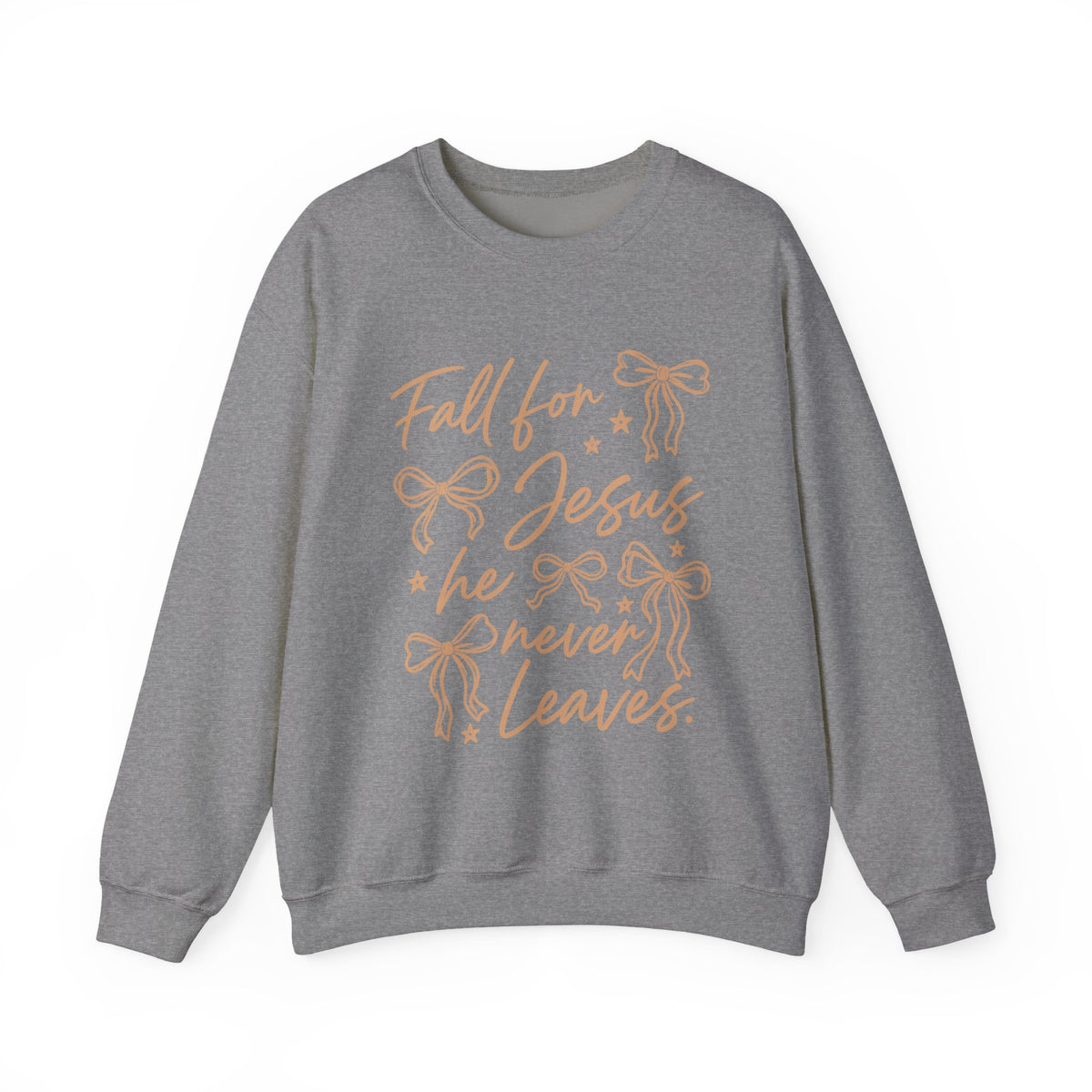 Christian Crewneck Sweatshirt – “Fall for Jesus, He Never Leaves” Autumn Faith Pullover