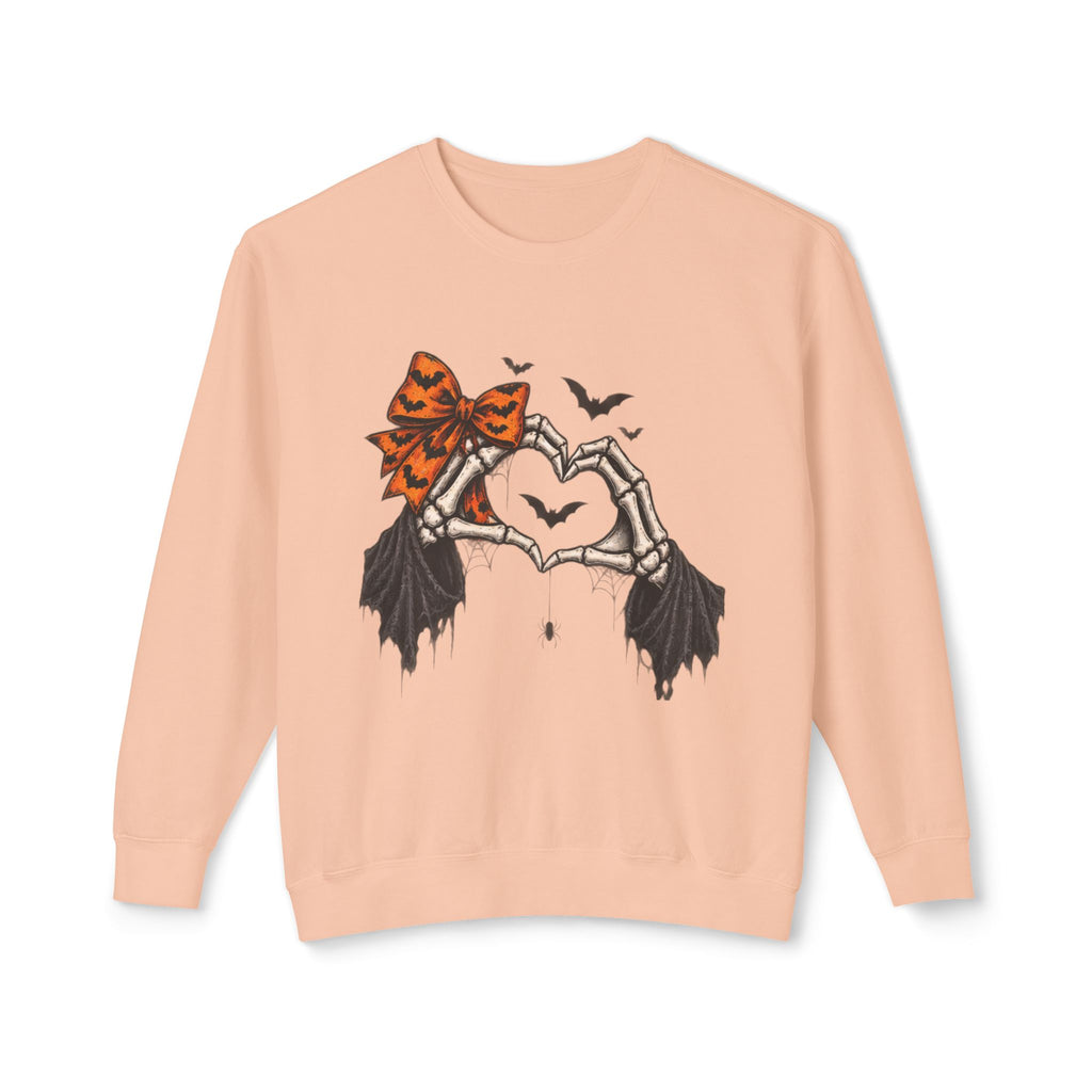 Halloween Skeleton Hands Crewneck Sweatshirt — Spooky Heart & Bat Design