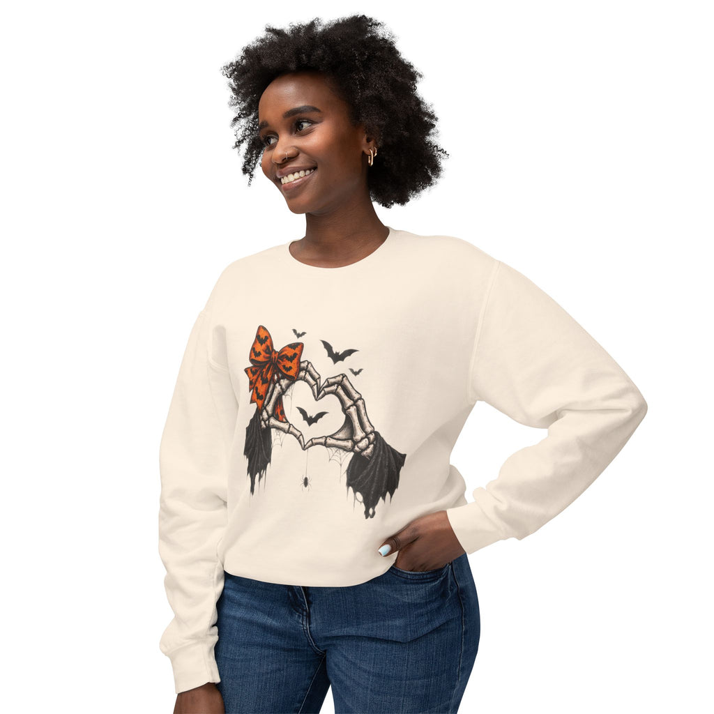 Halloween Skeleton Hands Crewneck Sweatshirt — Spooky Heart & Bat Design