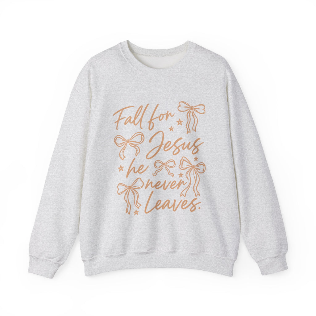 Christian Crewneck Sweatshirt – “Fall for Jesus, He Never Leaves” Autumn Faith Pullover