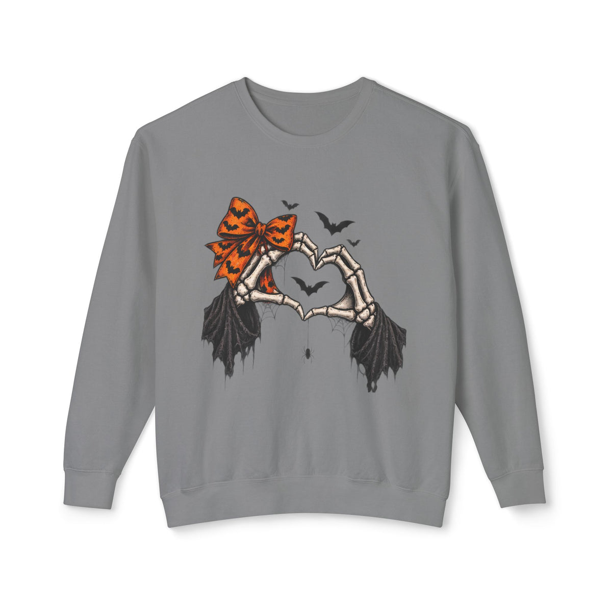 Halloween Skeleton Hands Crewneck Sweatshirt — Spooky Heart & Bat Design