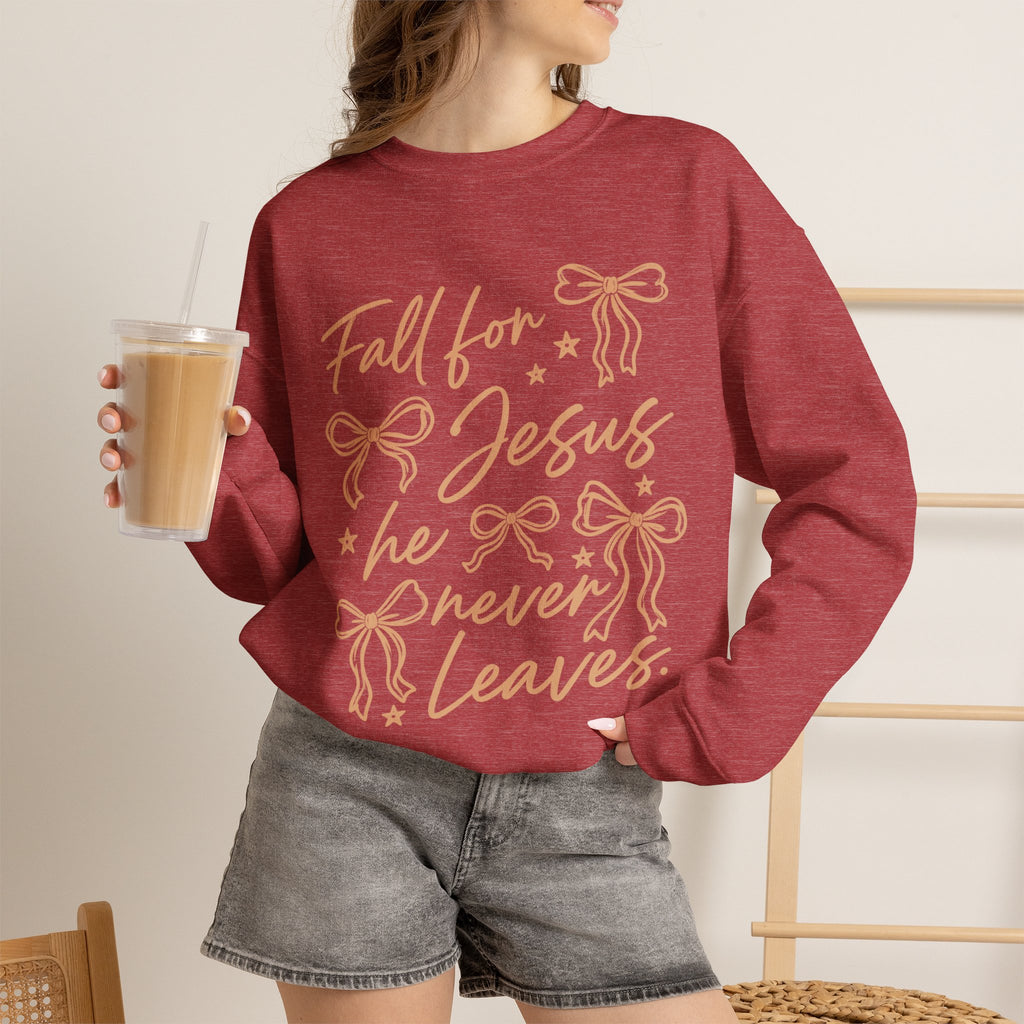 Christian Crewneck Sweatshirt – “Fall for Jesus, He Never Leaves” Autumn Faith Pullover