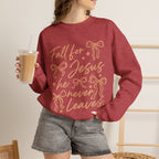 Christian Crewneck Sweatshirt – “Fall for Jesus, He Never Leaves” Autumn Faith Pullover