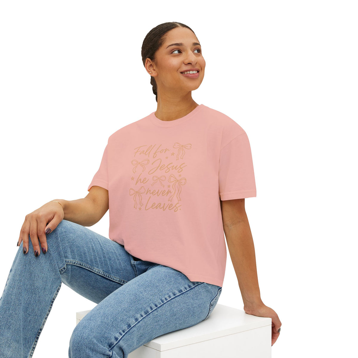 Women's Boxy Tee — "Fall for Jesus He Never Leaves" Faith Graphic Tee