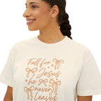 Women's Boxy Tee — "Fall for Jesus He Never Leaves" Faith Graphic Tee