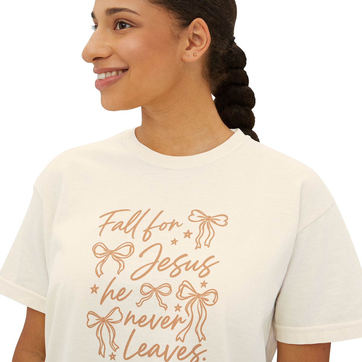 Women's Boxy Tee — "Fall for Jesus He Never Leaves" Faith Graphic Tee