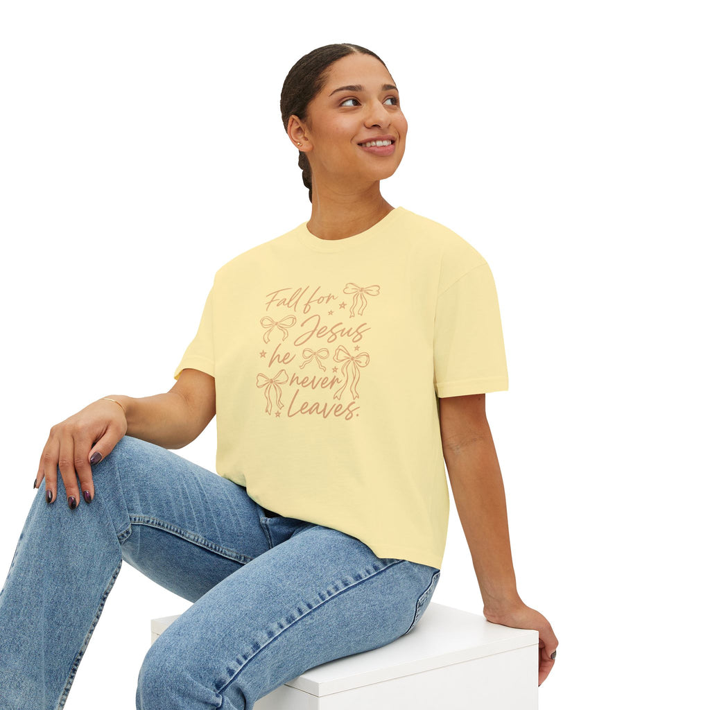 Women's Boxy Tee — "Fall for Jesus He Never Leaves" Faith Graphic Tee