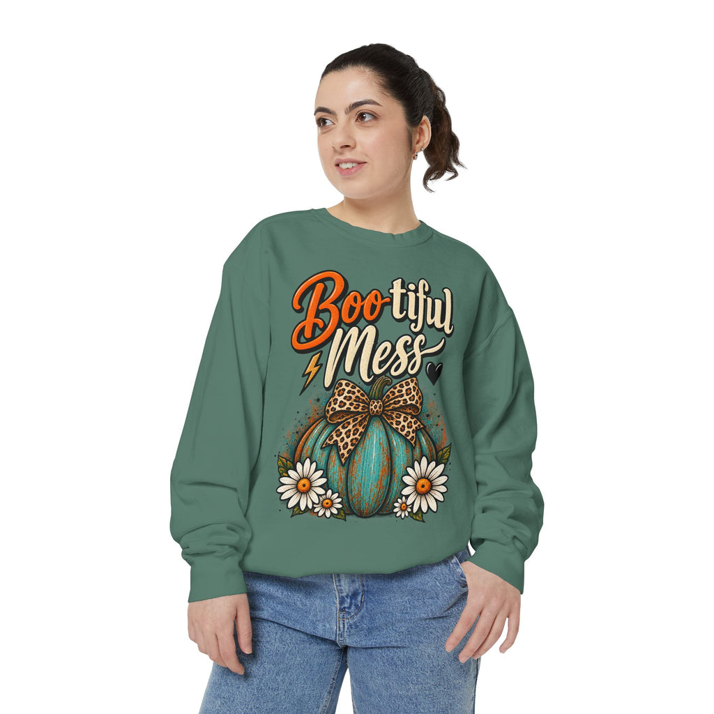Boo-tiful Mess Sweatshirt – Teal Pumpkin with Leopard Bow & Daisies