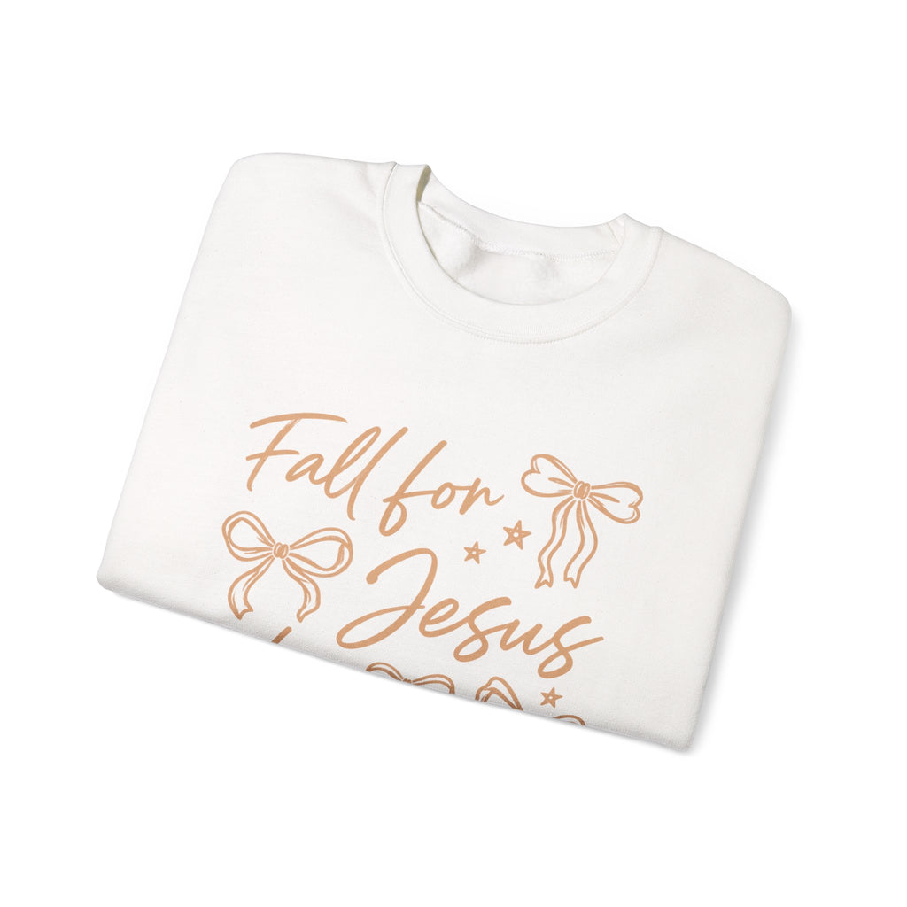 Christian Crewneck Sweatshirt – “Fall for Jesus, He Never Leaves” Autumn Faith Pullover