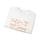 Christian Crewneck Sweatshirt – “Fall for Jesus, He Never Leaves” Autumn Faith Pullover