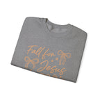 Christian Crewneck Sweatshirt – “Fall for Jesus, He Never Leaves” Autumn Faith Pullover