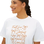 Women's Boxy Tee — "Fall for Jesus He Never Leaves" Faith Graphic Tee