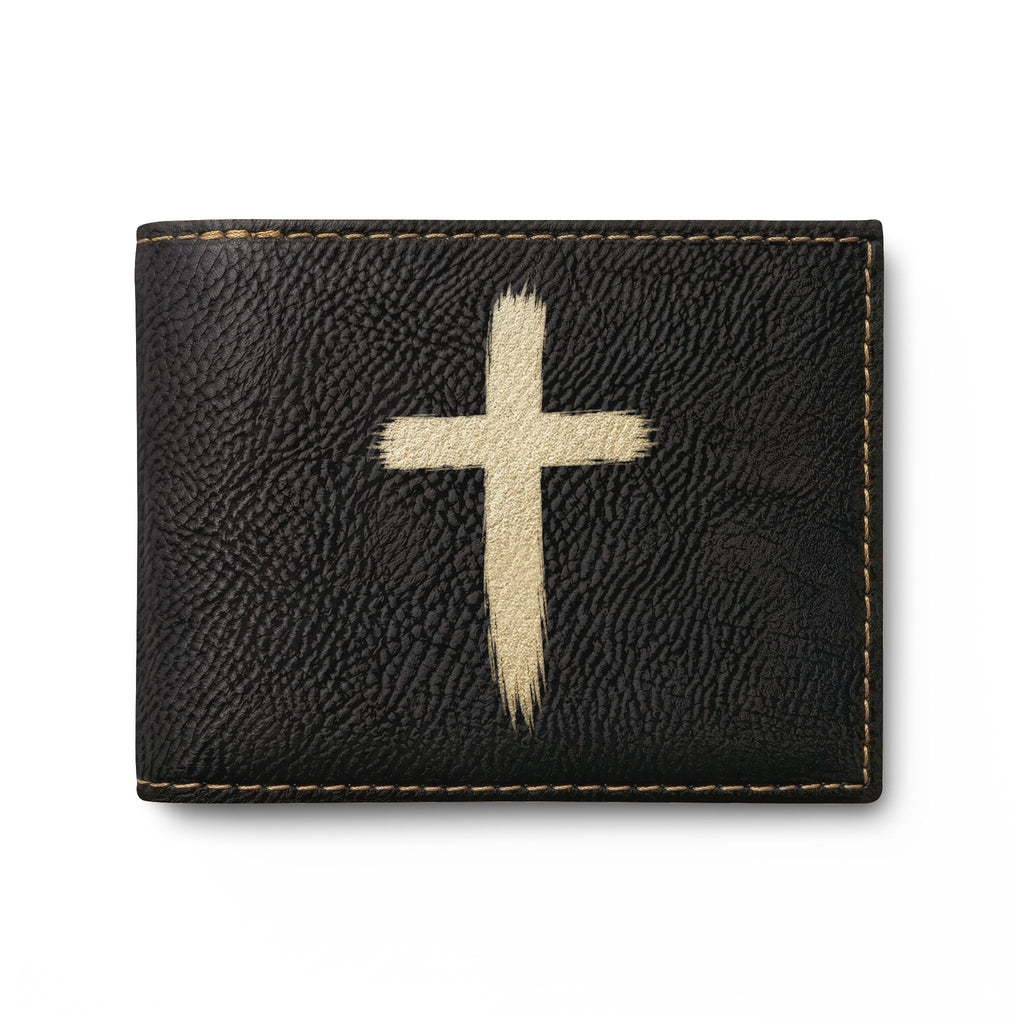 Leather Bi-Fold Wallet with Black Brushstroke Cross — Christian Gift