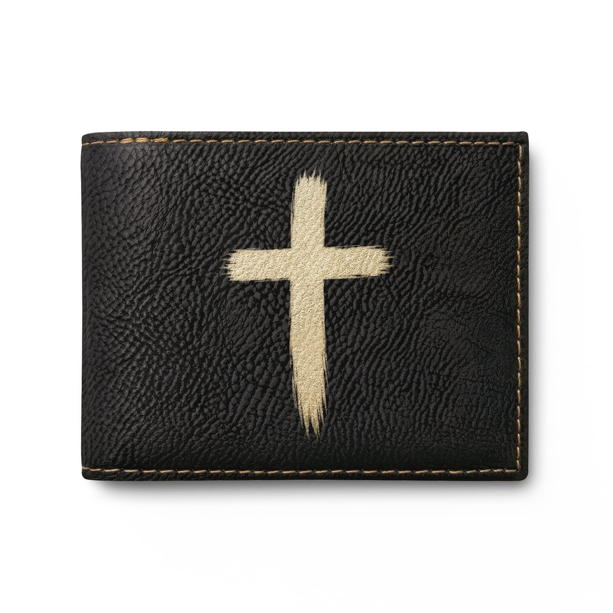 Leather Bi-Fold Wallet with Black Brushstroke Cross — Christian Gift