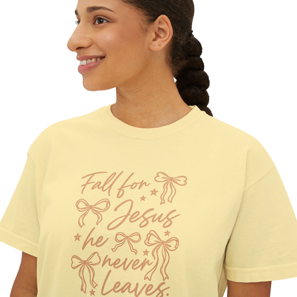Women's Boxy Tee — "Fall for Jesus He Never Leaves" Faith Graphic Tee