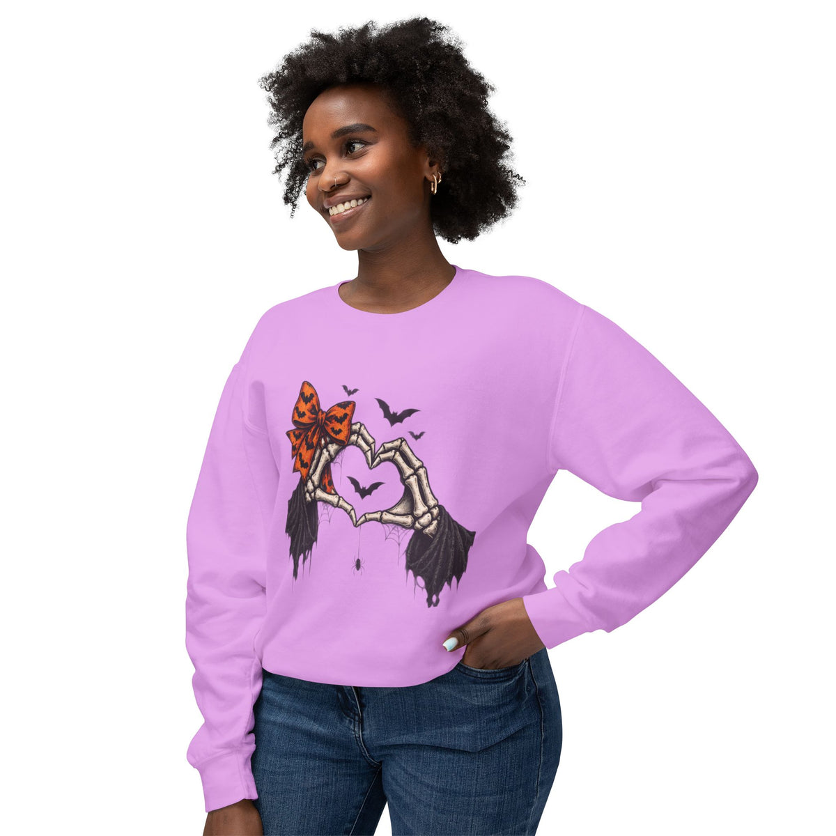 Halloween Skeleton Hands Crewneck Sweatshirt — Spooky Heart & Bat Design