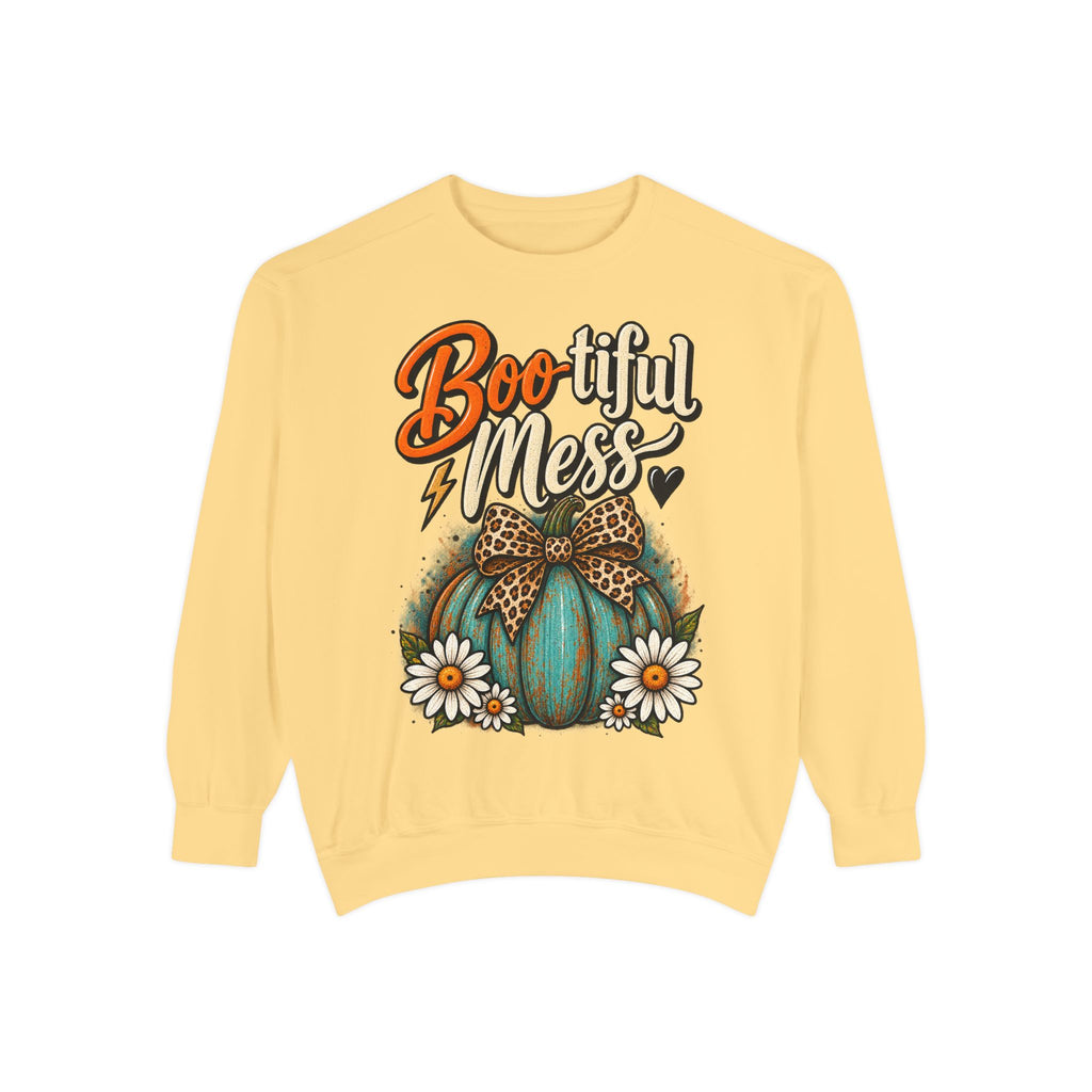 Boo-tiful Mess Sweatshirt – Teal Pumpkin with Leopard Bow & Daisies
