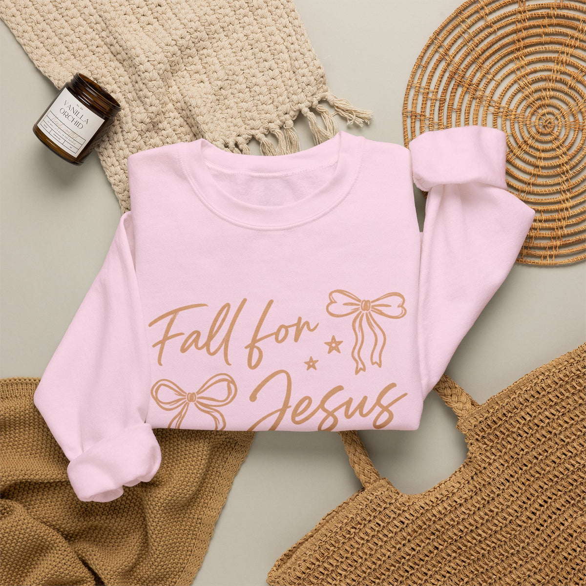 Christian Crewneck Sweatshirt – “Fall for Jesus, He Never Leaves” Autumn Faith Pullover