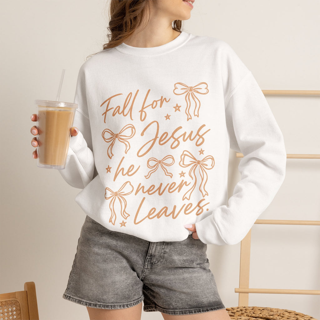 Christian Crewneck Sweatshirt – “Fall for Jesus, He Never Leaves” Autumn Faith Pullover
