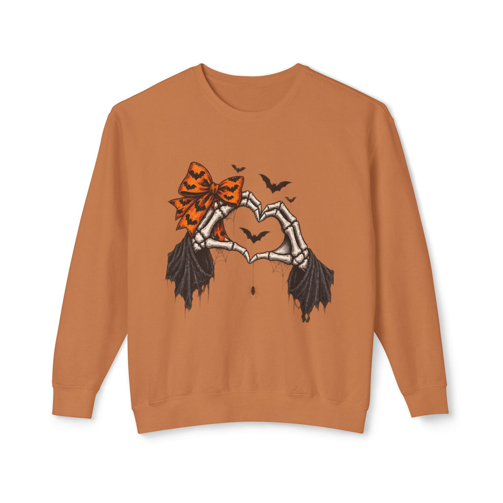 Halloween Skeleton Hands Crewneck Sweatshirt — Spooky Heart & Bat Design