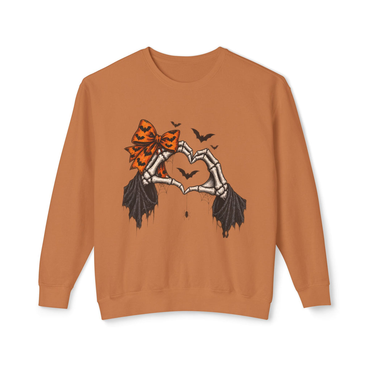 Halloween Skeleton Hands Crewneck Sweatshirt — Spooky Heart & Bat Design