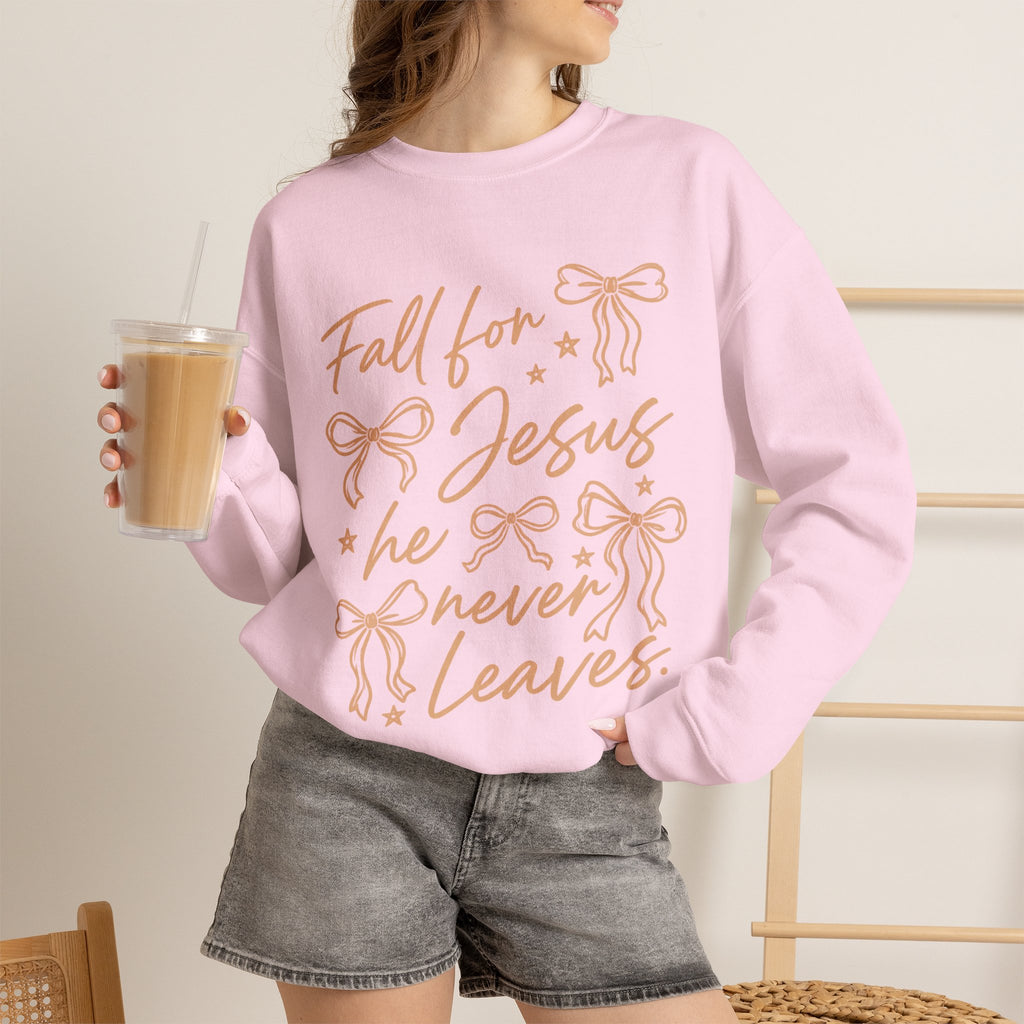 Christian Crewneck Sweatshirt – “Fall for Jesus, He Never Leaves” Autumn Faith Pullover