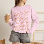 Christian Crewneck Sweatshirt – “Fall for Jesus, He Never Leaves” Autumn Faith Pullover