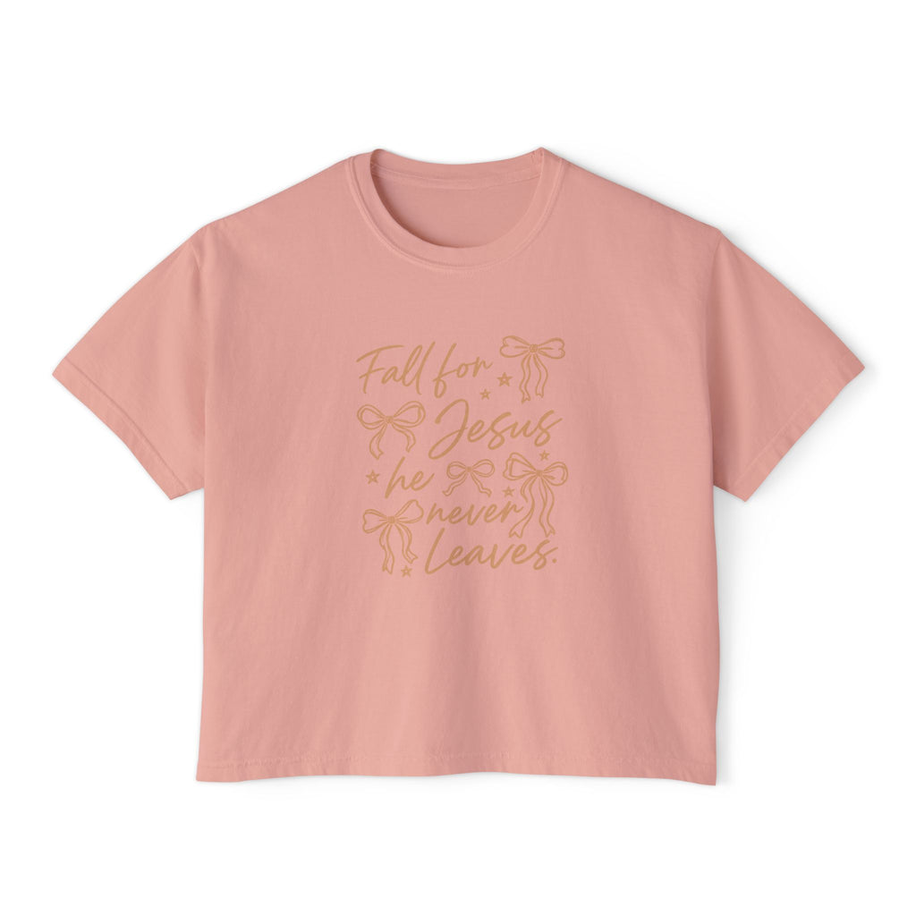 Women's Boxy Tee — "Fall for Jesus He Never Leaves" Faith Graphic Tee