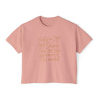 Women's Boxy Tee — "Fall for Jesus He Never Leaves" Faith Graphic Tee