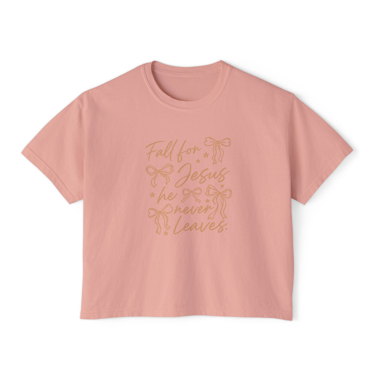 Women's Boxy Tee — "Fall for Jesus He Never Leaves" Faith Graphic Tee
