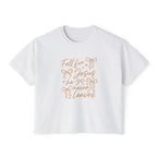 Women's Boxy Tee — "Fall for Jesus He Never Leaves" Faith Graphic Tee