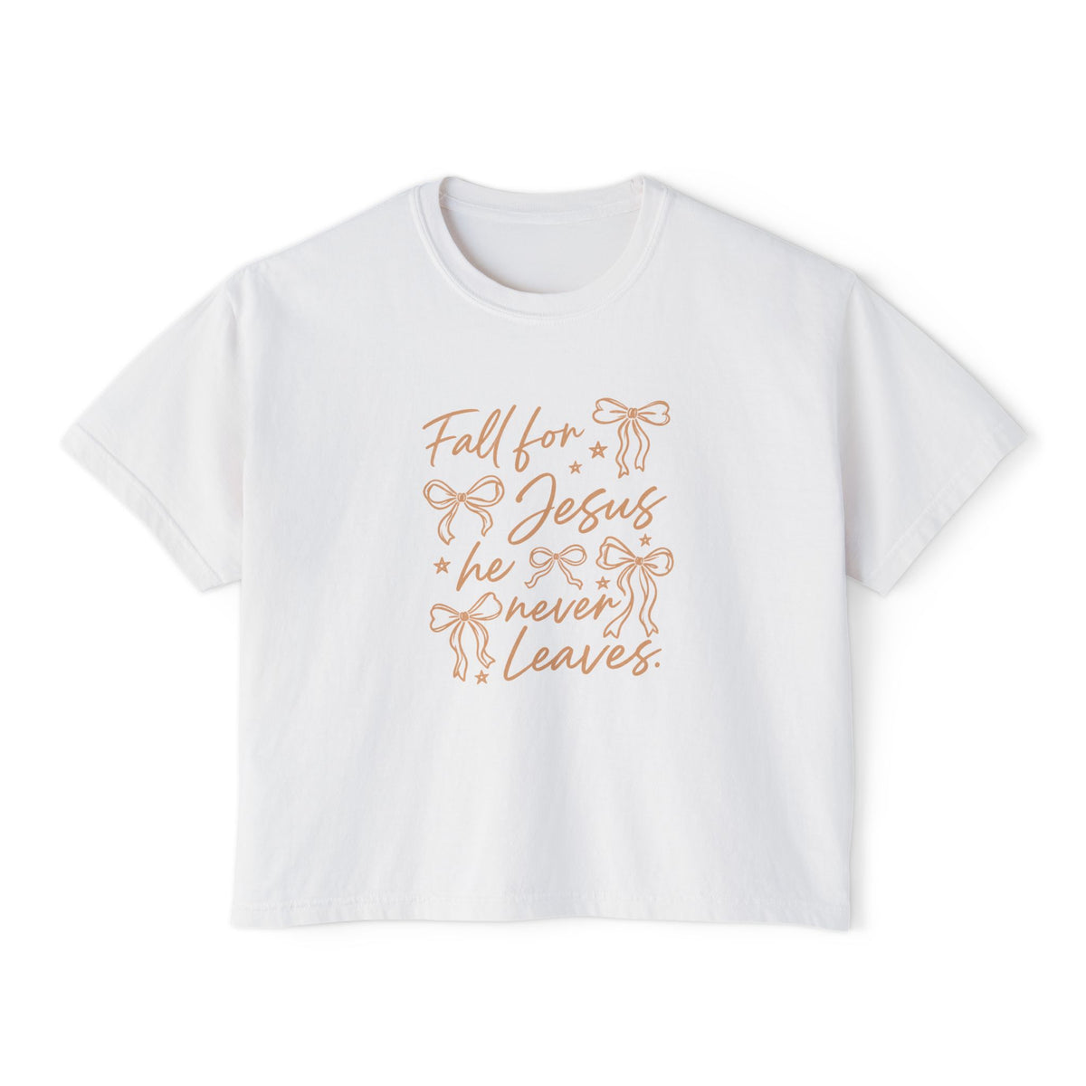 Women's Boxy Tee — "Fall for Jesus He Never Leaves" Faith Graphic Tee