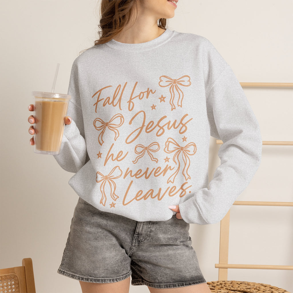Christian Crewneck Sweatshirt – “Fall for Jesus, He Never Leaves” Autumn Faith Pullover