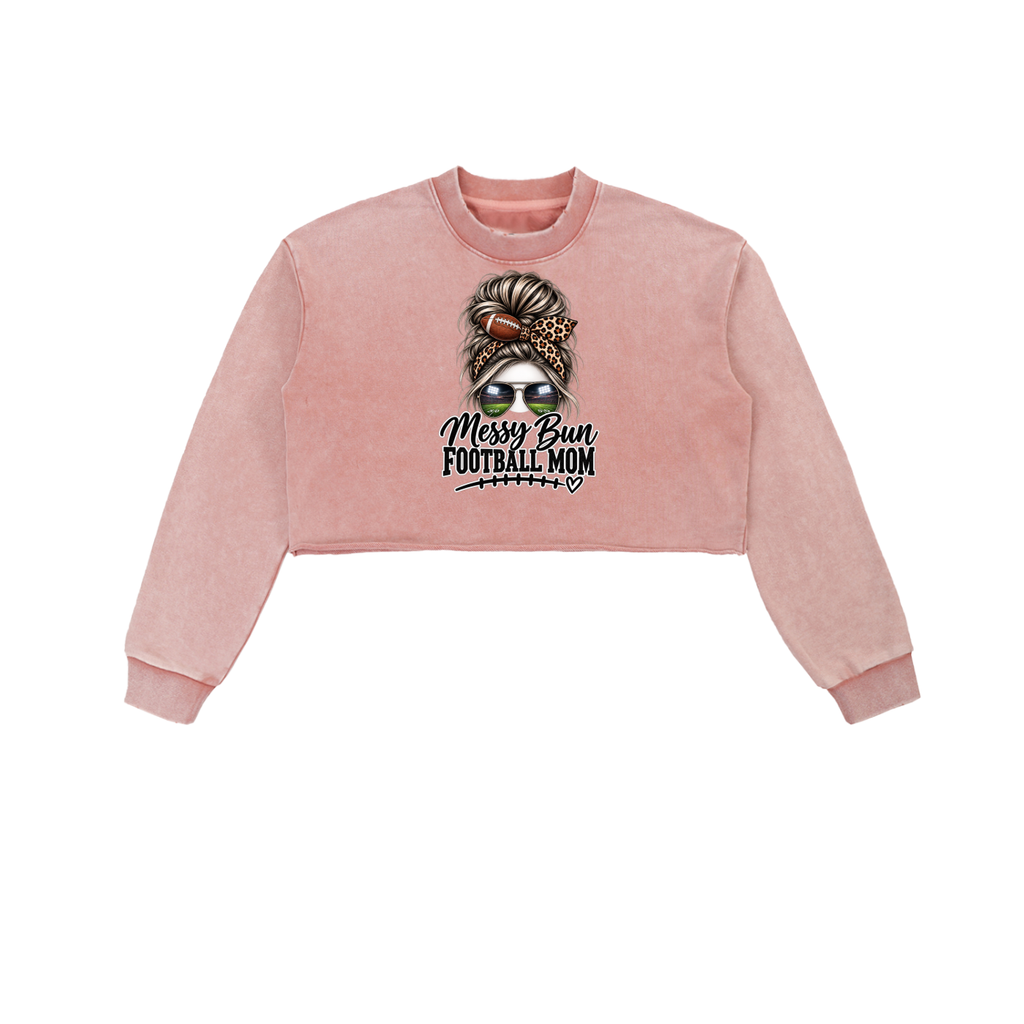 Messy Bun Football Mom Snow Washed Raw Edge Cropped Sweatshirt