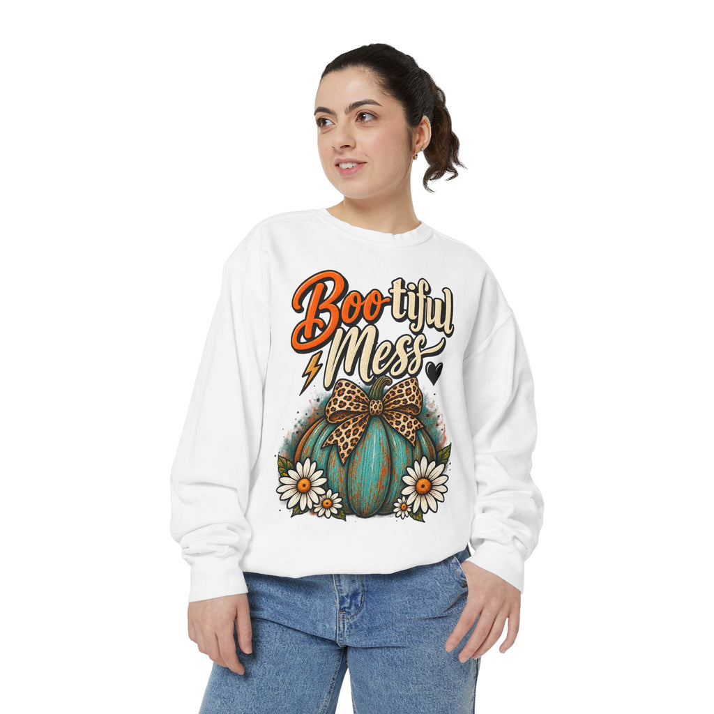 Boo-tiful Mess Sweatshirt – Teal Pumpkin with Leopard Bow & Daisies