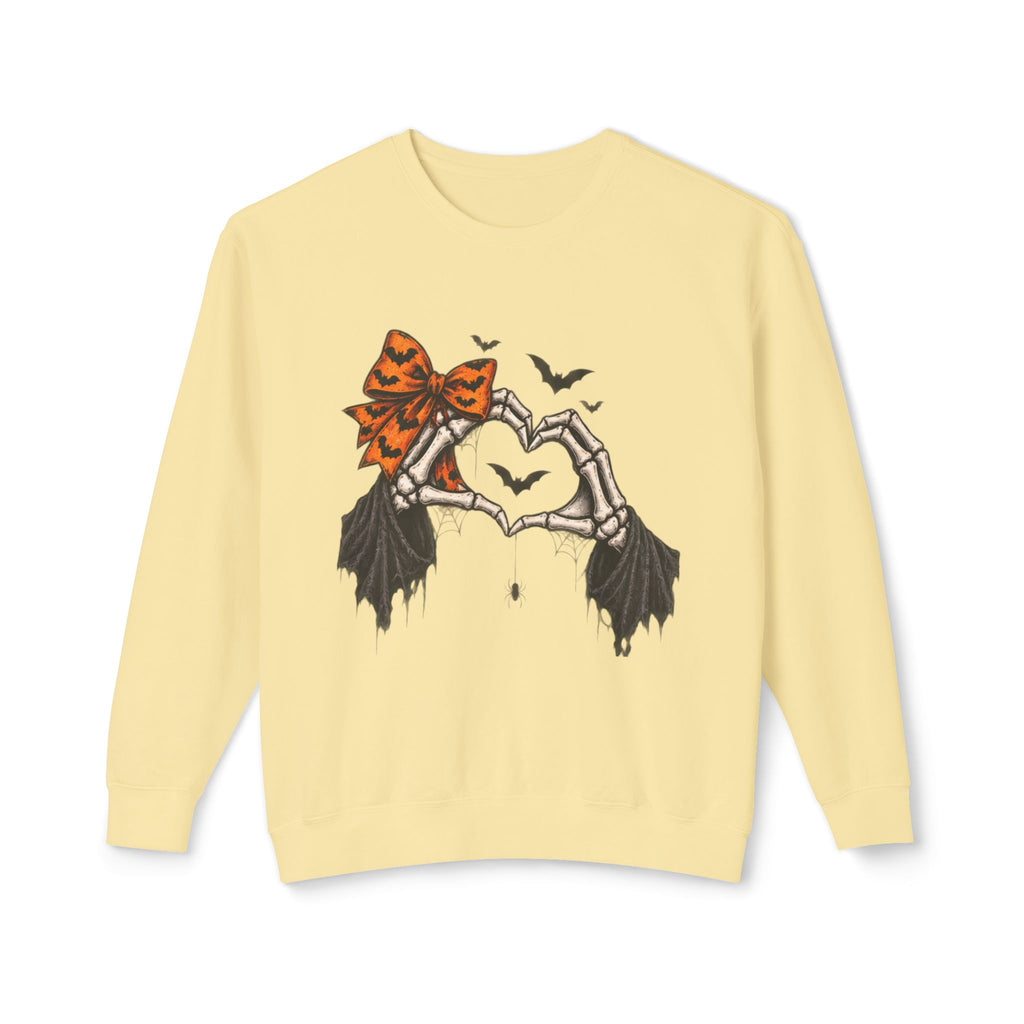 Halloween Skeleton Hands Crewneck Sweatshirt — Spooky Heart & Bat Design