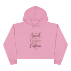 Saved by Grace & Caffeine Crop Hoodie — Christian Coffee Lover Graphic