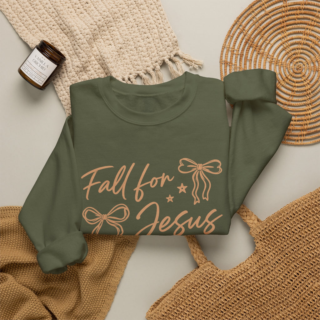Christian Crewneck Sweatshirt – “Fall for Jesus, He Never Leaves” Autumn Faith Pullover