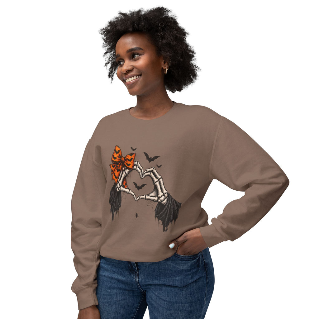 Halloween Skeleton Hands Crewneck Sweatshirt — Spooky Heart & Bat Design