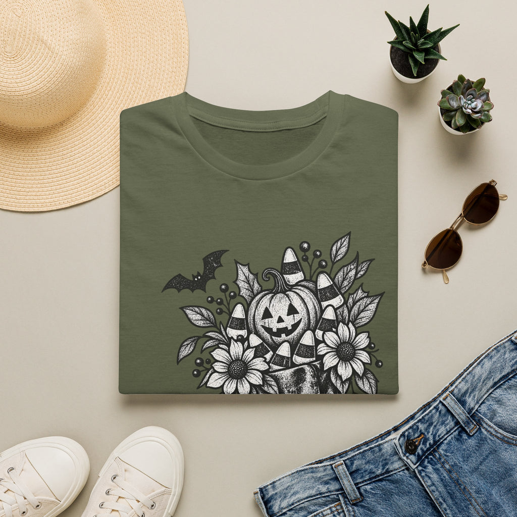 Halloween Boot Bouquet T‑Shirt — Pumpkin, Candy Corn & Bat Graphic