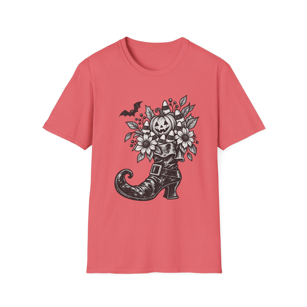 Halloween Boot Bouquet T‑Shirt — Pumpkin, Candy Corn & Bat Graphic