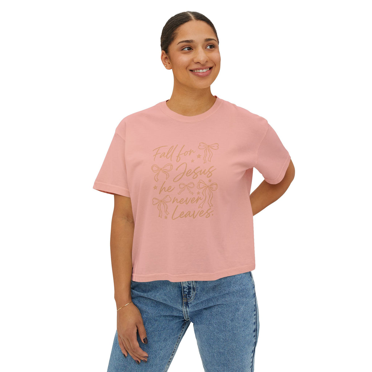 Women's Boxy Tee — "Fall for Jesus He Never Leaves" Faith Graphic Tee
