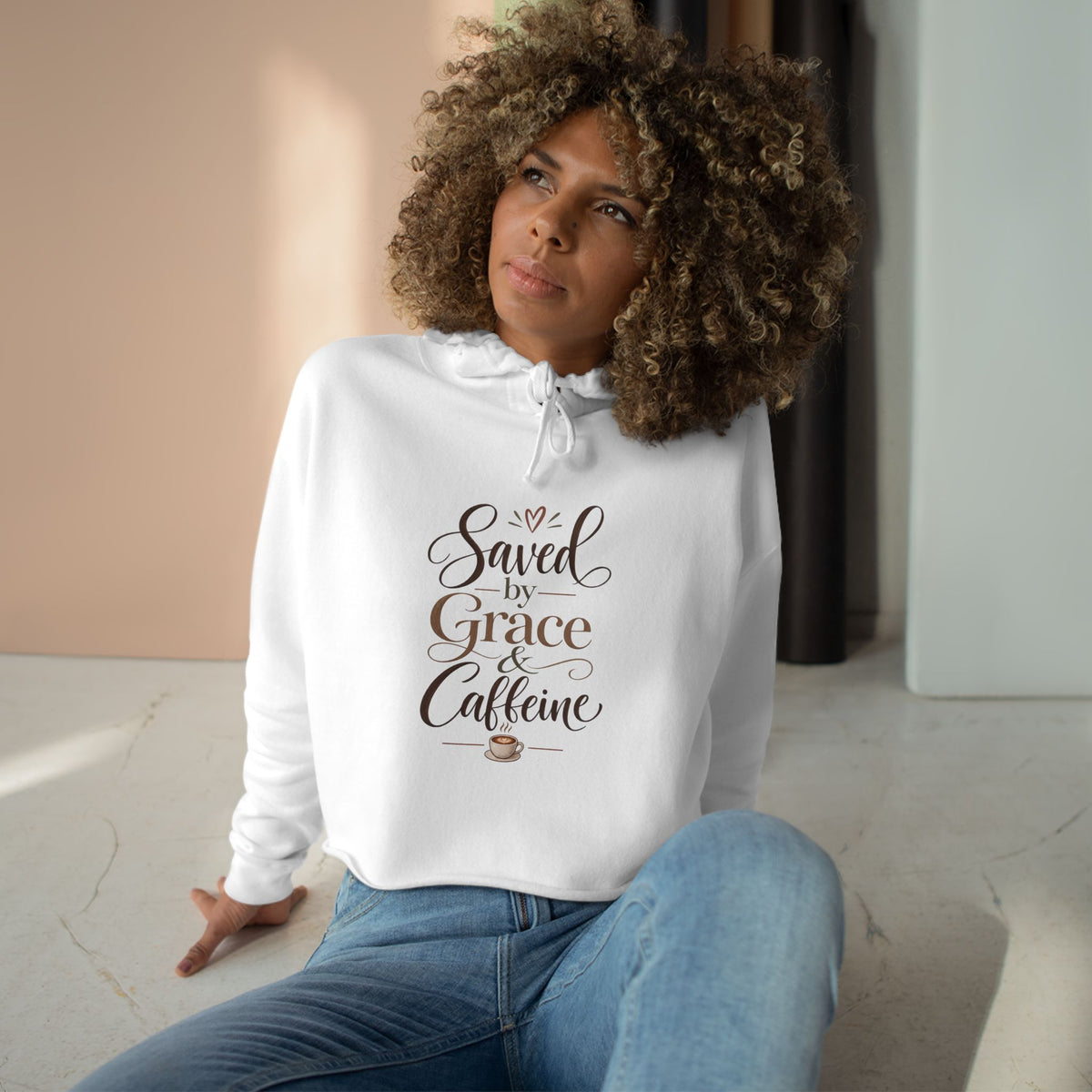 Saved by Grace & Caffeine Crop Hoodie — Christian Coffee Lover Graphic