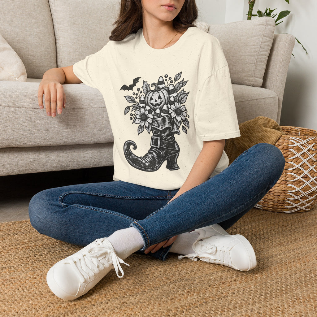 Halloween Boot Bouquet T‑Shirt — Pumpkin, Candy Corn & Bat Graphic