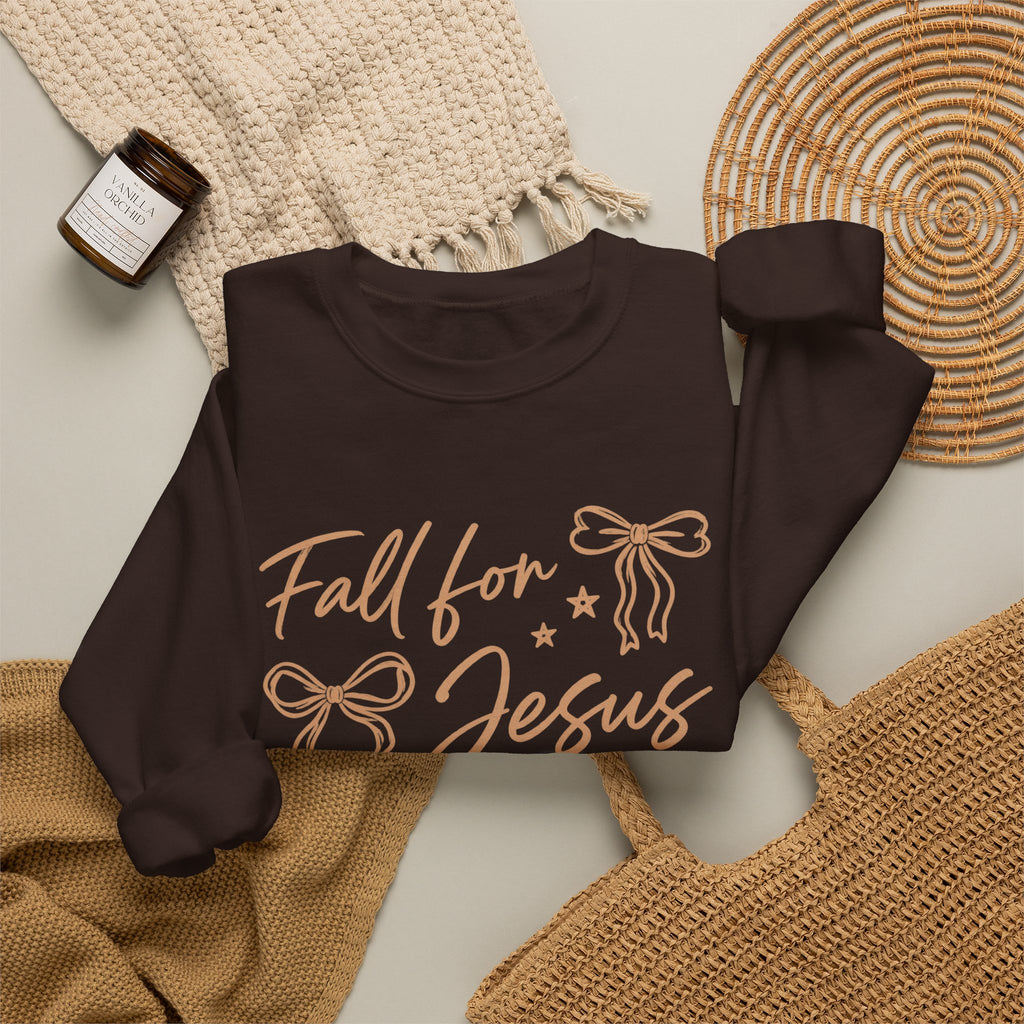 Christian Crewneck Sweatshirt – “Fall for Jesus, He Never Leaves” Autumn Faith Pullover